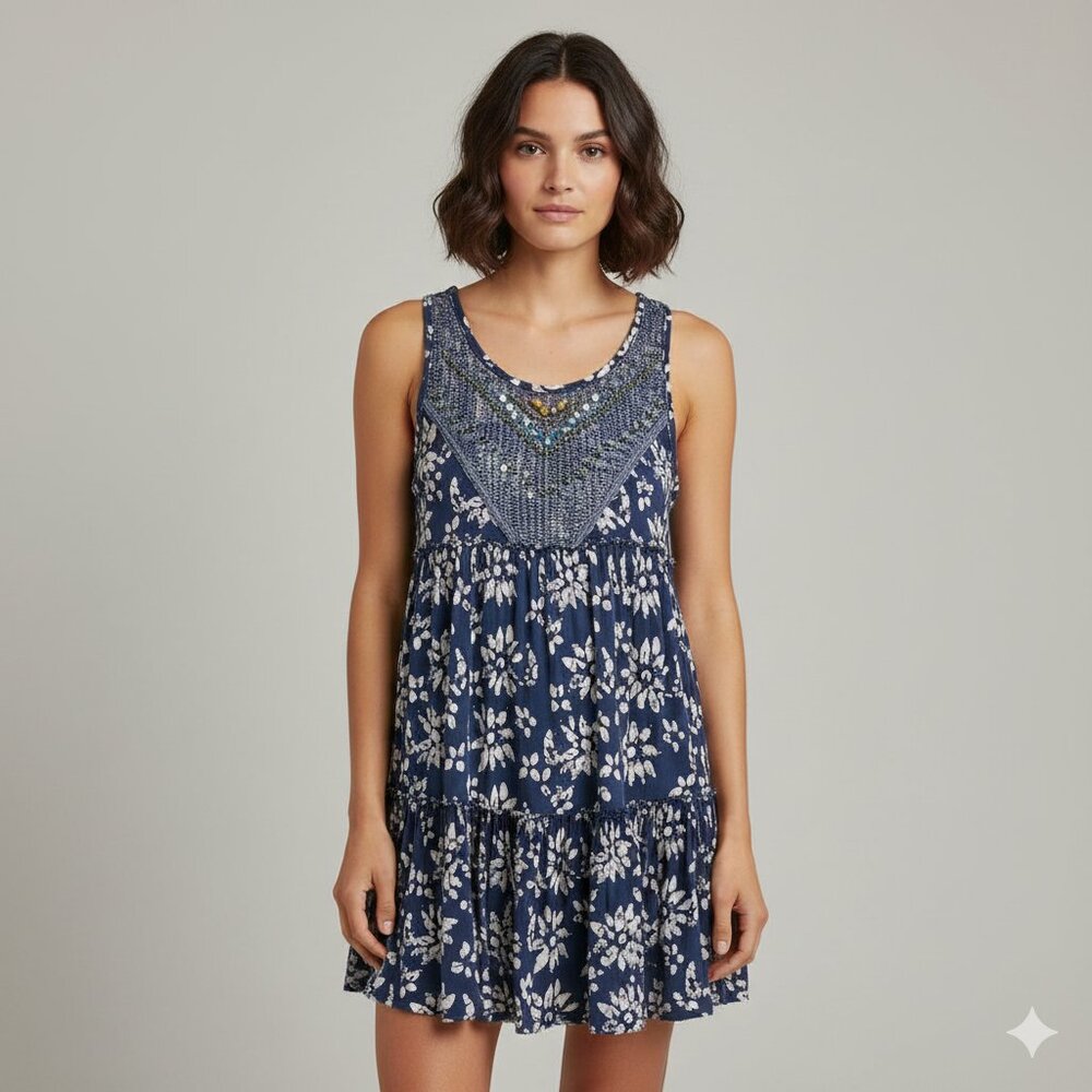 FREE PEOPLE Sleeveless Tunic Beaded Crochet Yoke Full Skirt Navy/White Size L